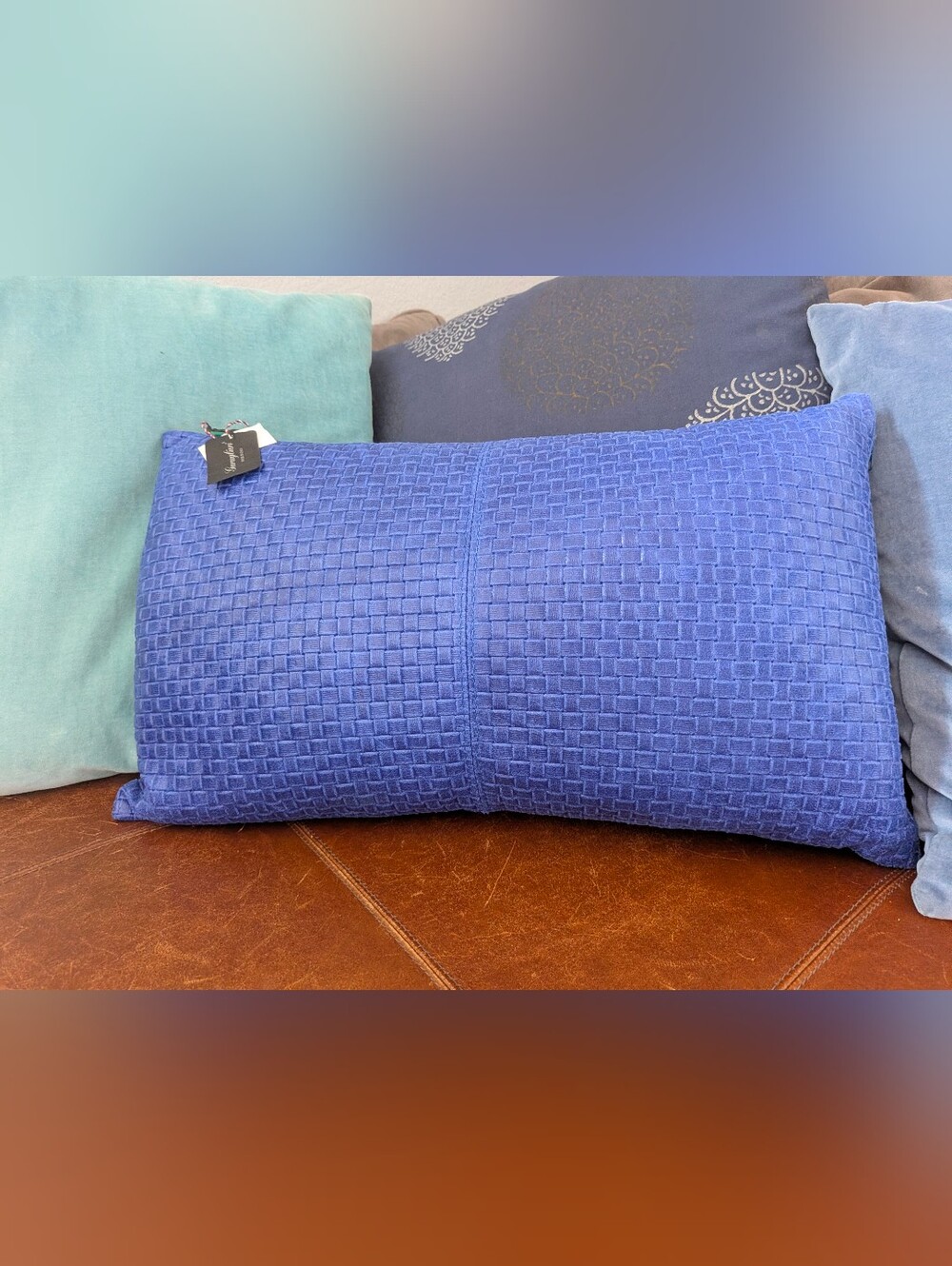 Garuglieri Blue Woven Leather Lumbar Pillow Luxury Intrecciato Accent